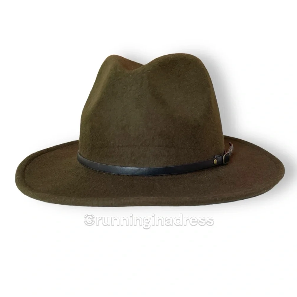 Olive Green Felt Fedora Hat Western Boho Size One Size